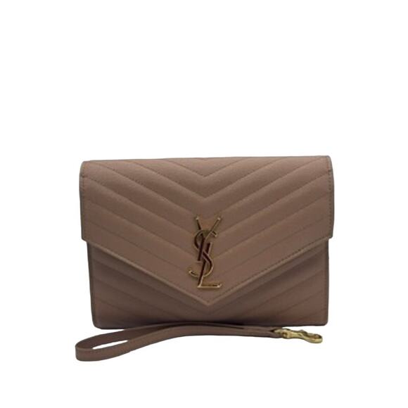 YSL Classic Monogram Envelope Wristlet Clutch Matelasse Chevron Leather FULL SET - Picture 1 of 16